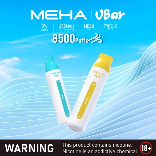 2d4b8760841be472769eae0cb0c858b8.webp MEHA VBar 魅嗨小白條 8500口拋棄式電子煙 Mesh網綿芯 3%尼古丁鹽 Type-C 快充 台灣現貨