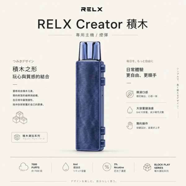 ChatGPT-Image-2026年8月21日-01_05_36.webp RELX悅刻 Creator積木7000口拋棄式電子煙套裝 新手入門隨身主機 6ml儲油倉 台灣現貨秒發