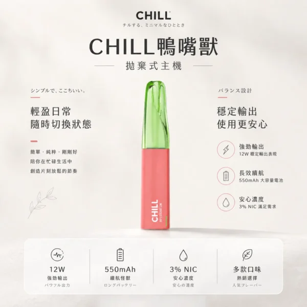 ChatGPT-Image-2026年8月21日-上午01_39_37.webp CHILL 鴨嘴獸8800口拋棄式電子煙 續航怪獸隨身備用設備 550mAh電量 3%高滿足 台灣現貨
