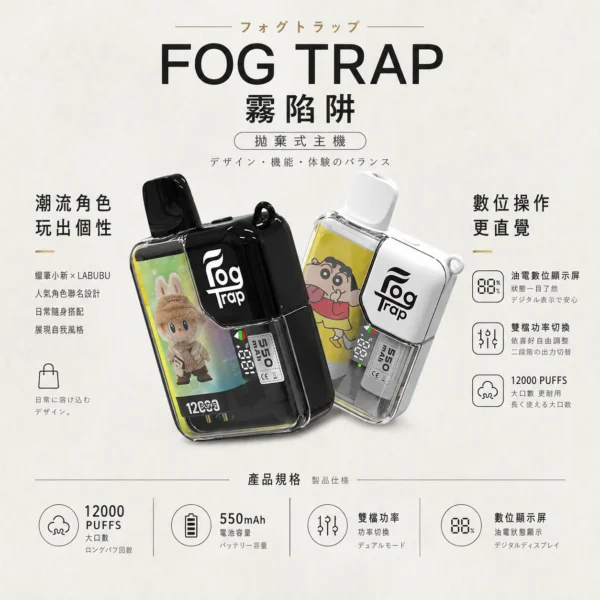 【買十送一】Fog Trap 蠟筆小新×LABUBU 12000口拋棄式電子煙 隨身潮玩備用設備 油電雙顯 台灣現貨秒發