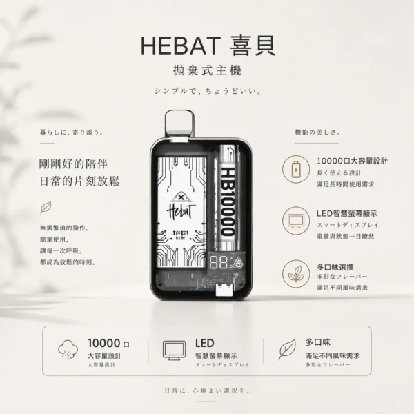 Hebat喜貝系列 10000口大容量拋棄式電子煙 15ml儲油艙替換系統 5%尼古丁鹽 台灣現貨