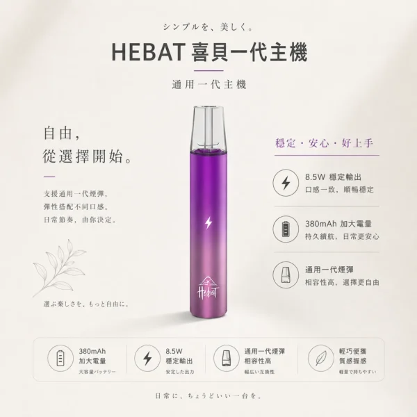 ChatGPT-Image-2026年8月22日-下午07_59_52.webp HEBAT喜貝一代通用主機 8.5W穩定輸出細膩霧化 絕美漸層金屬質感旗艦定位 台灣現貨