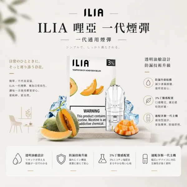 ChatGPT-Image-2026年8月22日-下午09_54_20.webp ILIA 哩亞一代通用煙彈 3顆裝 透明油艙 3%尼古丁鹽 適配一代主機 台灣現貨秒發