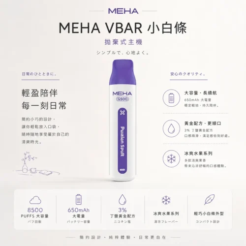MEHA VBar 魅嗨小白條 8500口拋棄式電子煙 Mesh網綿芯 3%尼古丁鹽 Type-C 快充 台灣現貨
