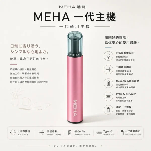 ChatGPT-Image-2026年8月23日-下午07_42_44.webp MEHA魅嗨星耀版一代通用主機 450mAh高續航 7W-10.5W三檔調節 適配一代煙彈 全台現貨速發