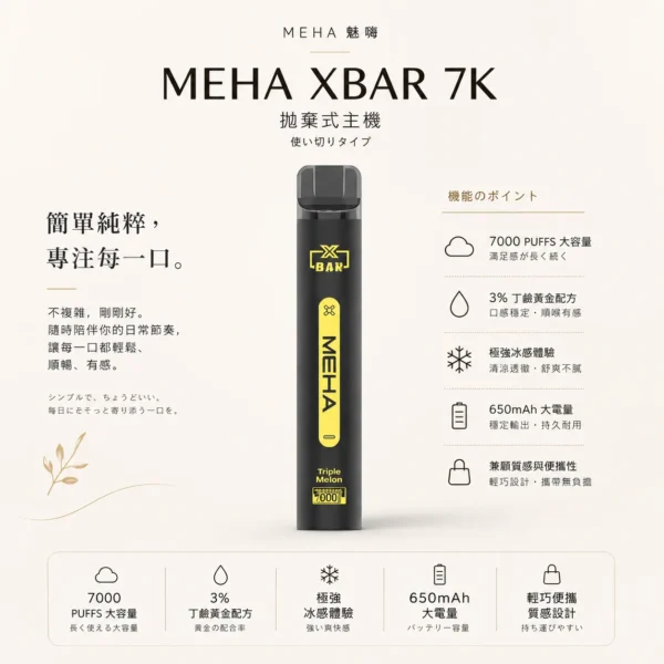ChatGPT-Image-2026年8月23日-下午07_44_04.webp 魅嗨 MEHA XBAR 小黑條 7000口 採用 Mesh 網綿芯霧化技術 與 Type-C 快充 打造極強冰感細膩口感