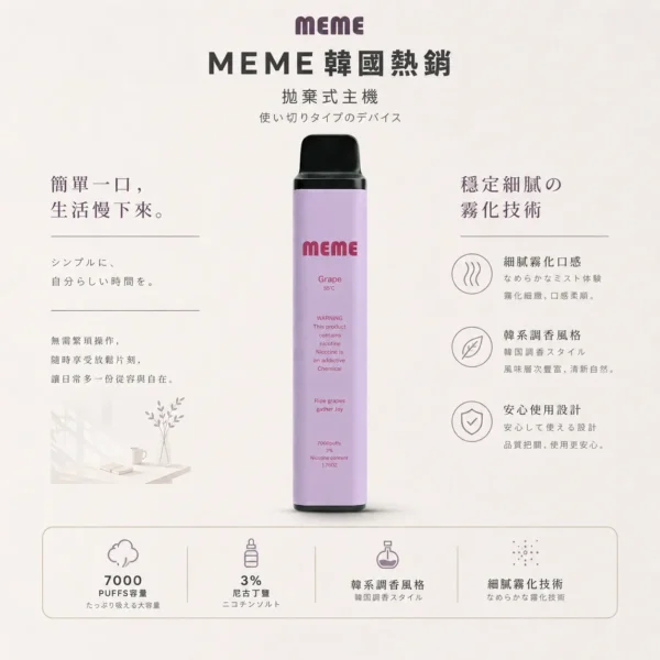 ChatGPT-Image-2026年8月23日-下午07_54_22.webp MEME韓國熱銷 7000口拋棄式電子煙 韓系調香極致絲滑 霧化細膩黃金配比定位 台灣現貨