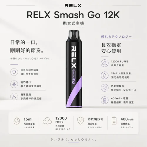 RELX Smash Go 12000口拋棄式電子煙 隨身大容量設備 400mAh穩壓續航 台灣現貨秒發