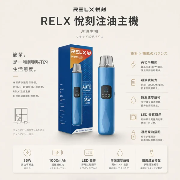 ChatGPT-Image-2026年8月24日-下午09_35_37.webp RELX悅刻prime kit注油小煙主機 35W暴力輸出 防漏濾芯極致濃郁霧化旗艦定位 台灣現貨
