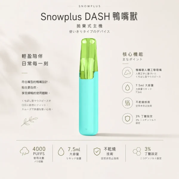 Snowplus DASH 4000口拋棄式電子煙 鴨嘴獸人體工學吸嘴 7.5ml大容量 台灣現貨秒發