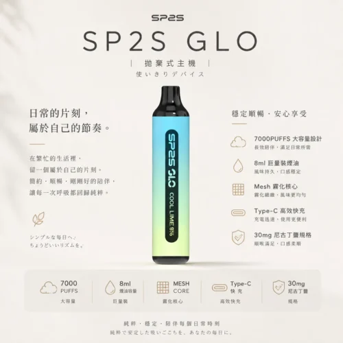 ChatGPT-Image-2026年8月24日-下午09_54_27.webp SP2S GLO 7000口拋棄式電子煙 隨身大容量設備 8ml巨量裝 Mesh霧化核心 台灣現貨速發