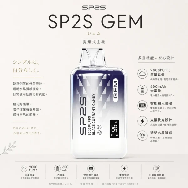 ChatGPT-Image-2026年8月24日-下午10_01_19.webp SP2S思博瑞GEM 9000口拋棄式電子煙 巨量裝煙油續航天花板 透明水晶質感定位 台灣現貨