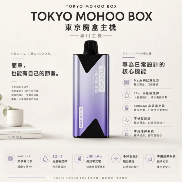 ChatGPT-Image-2026年8月25日-下午08_56_59.webp TOKYO MOHOO BOX 東京魔盒專用主機 500mAh電池 12ml油艙 Mesh網狀芯 台灣現貨秒發