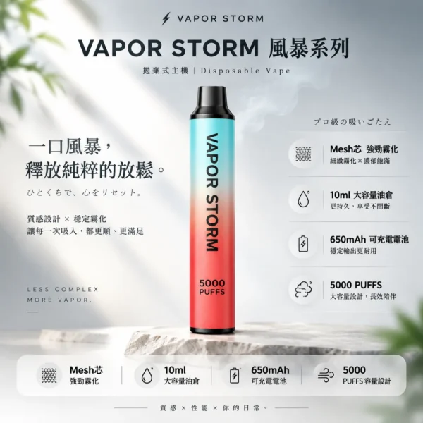 ChatGPT-Image-2026年8月25日-下午10_00_54.webp VAPOR STORM 風暴 5000口 高性能大容量拋棄式煙桿 結合網綿芯霧化與充電補電設計 打造頂級體驗