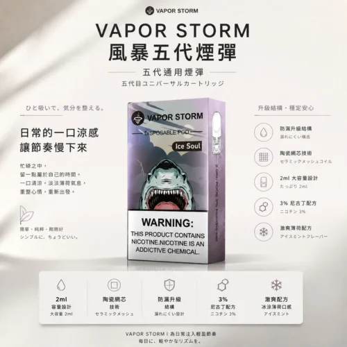 ChatGPT-Image-2026年8月25日-下午10_07_26.webp VAPOR STORM 風暴五代煙彈 採用 Ceramic Mesh 陶瓷網芯霧化技術 與 2ml 油艙 帶來激爽配方與極致濃郁體驗