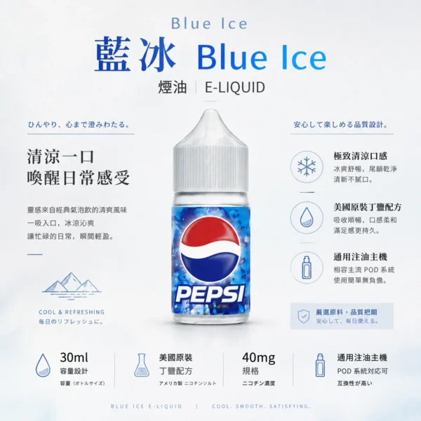 ChatGPT-Image-2026年8月25日-下午10_48_25.webp Blue Ice藍冰煙油 隨身注油小煙玩家必備 30ml大容量 40mg尼古丁鹽 台灣現貨