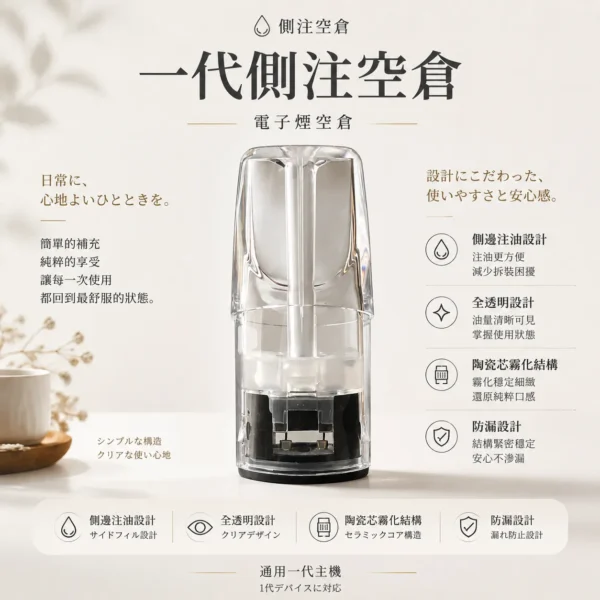 側注空倉 一代通用空煙彈 採用側邊注油防漏防氣泡機制 搭配發熱陶瓷芯技術