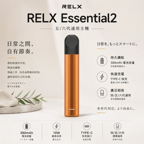 ChatGPT-Image-2026年9月6日-上午12_41_02.webp RELX 悅刻 Essential2 主機 四代五代六代煙彈通用 相容無限幻影系列 替換空彈升級備用主機