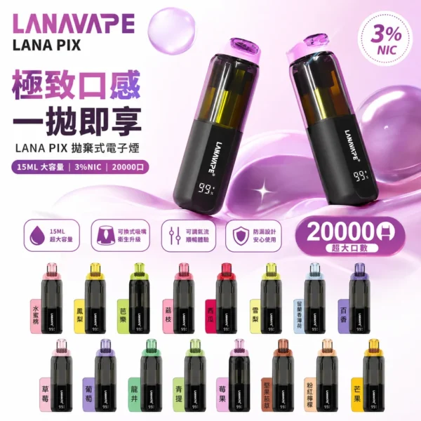 ChatGPT_Image_2026_7_14_13_19_53.webp LANA PIX 閃光彈20000口拋棄式電子煙 獨家可摺疊機身 3%尼古丁鹽爆汁口感高規格定位 台灣現貨