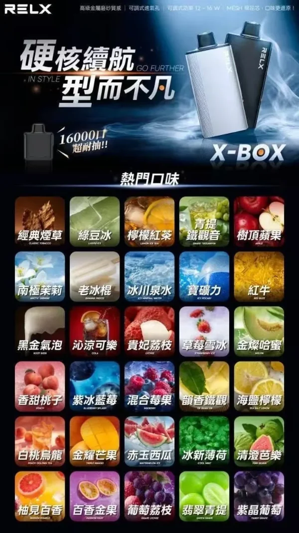 RELX-悅刻-X-BOX-16000口拋棄式電子煙-風味圖.webp RELX悅刻 X-BOX系列 16000口專用換彈拋棄式電子煙套裝 可替換煙彈系統 台灣現貨秒發