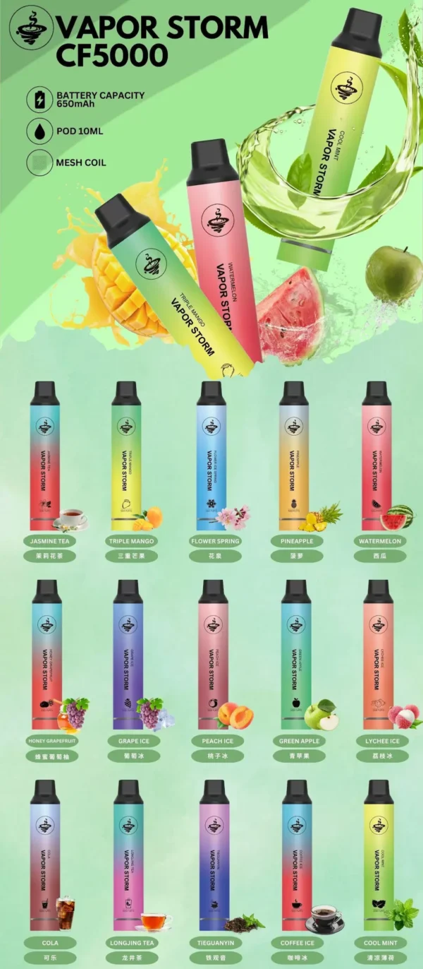 WP風暴.webp VAPOR STORM 風暴 5000口 高性能大容量拋棄式煙桿 結合網綿芯霧化與充電補電設計 打造頂級體驗
