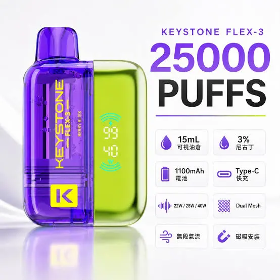 【買一盒煙彈送主機】相容KEYSTONE FLEX-3 鑰石25000口大容量拋棄式電子煙 15ml透明可視油艙替換系統 台灣現貨